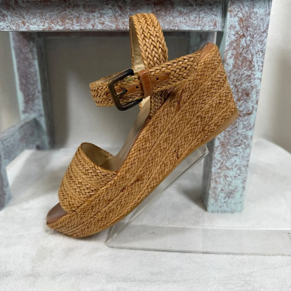 Stuart Weitzman Barbados Wedge Sandals Women 5.5 Tan Woven Platform Ankle Strap